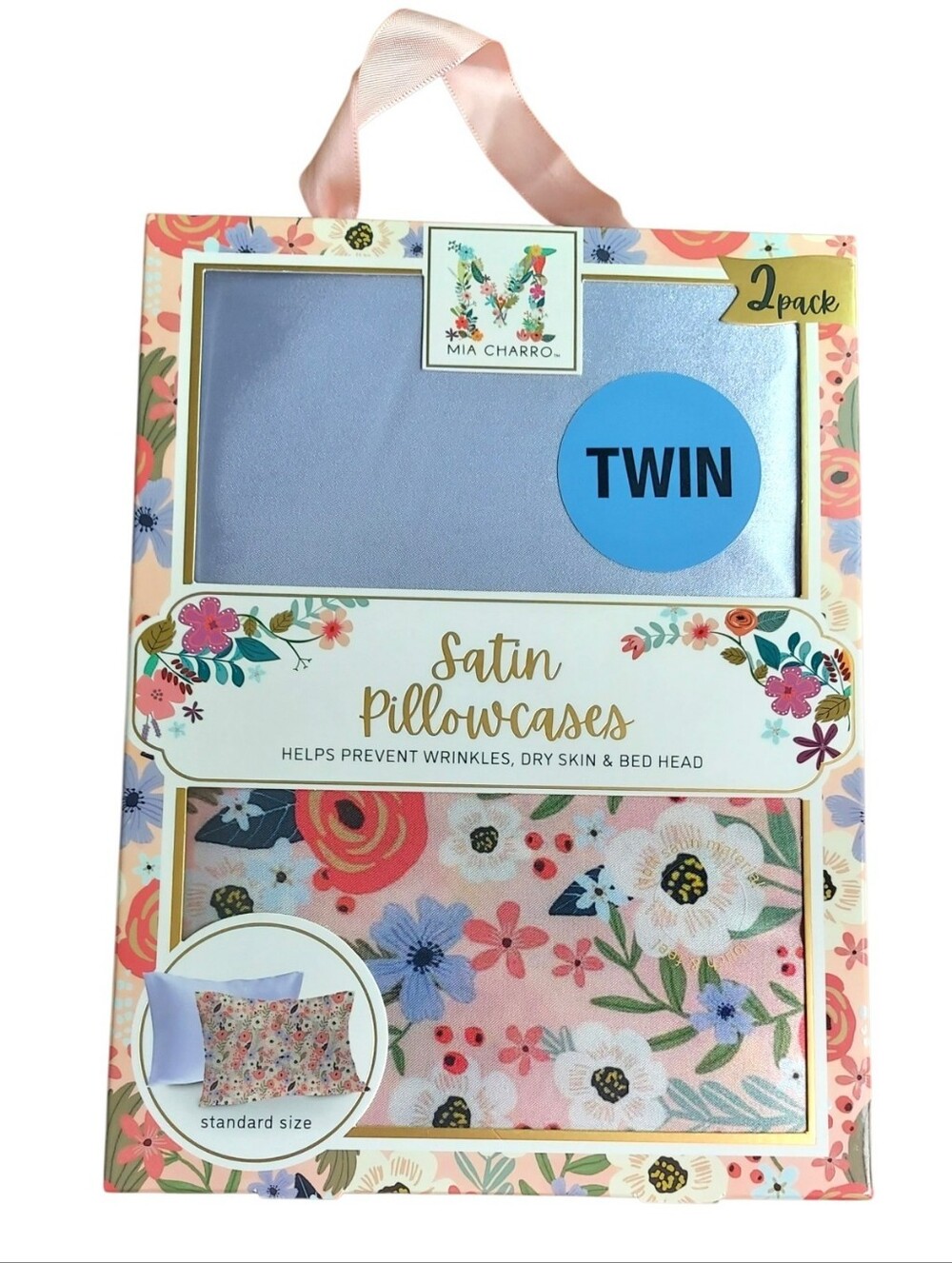 Mia Charro Satin Pillowcases 2-Pack - Lavender & Floral NWT